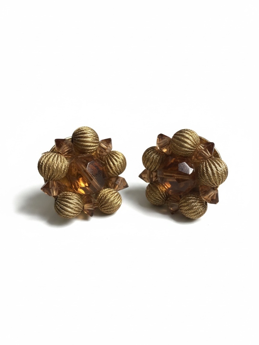 Vintage Lisner Amber Cognac Lucite Cluster Clip On Earrings Gold Tone